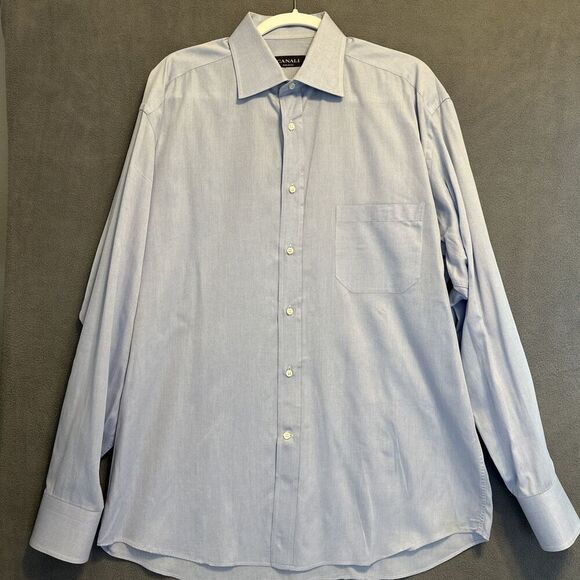 Canali Dress Shirt Long Sleeve Button Up Cotton Made In Italy Mens 43-17 Blue - Picture 1 of 11